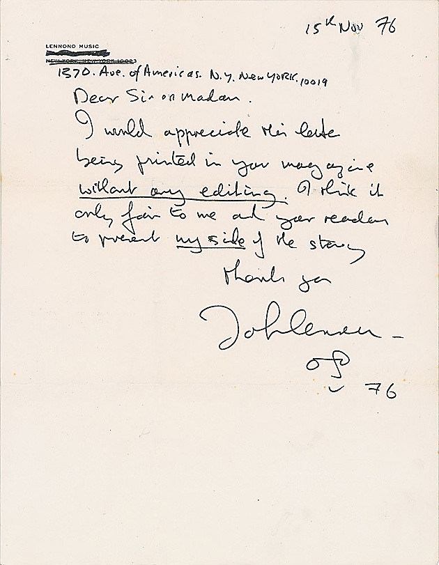 John Lennon's Letter to Ex-Wife for Sale at Auction