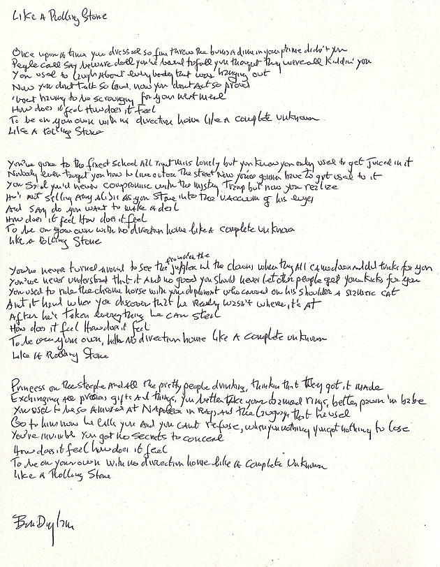 Bob Dylan's Handwritten 'Like a Rolling Stone' Lyrics Up for Auction