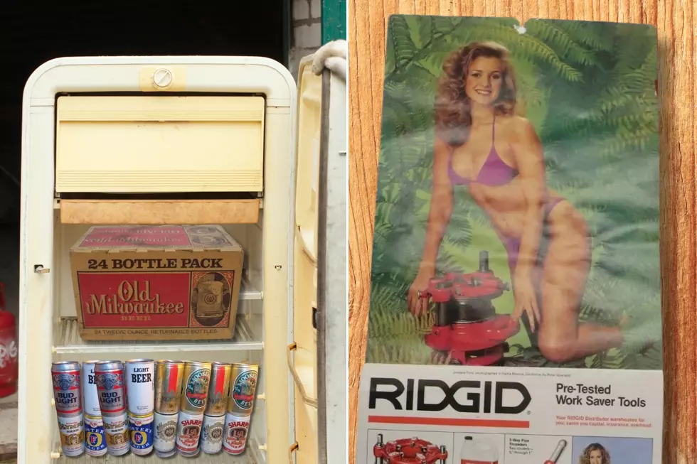 Beer Fridge and Bikini Calendar in 1980s Garage
