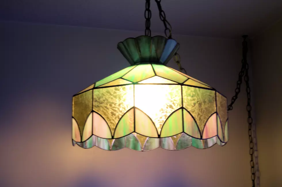 Pizzaria-Style Lamp Hanging by Chain Over Kitchen Table in the 1980s