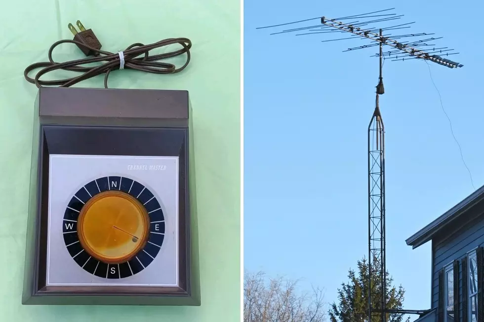 Split image featuring a vintage Channel Master antenna rotor control box with a directional dial alongside a large outdoor rooftop TV antenna tower.