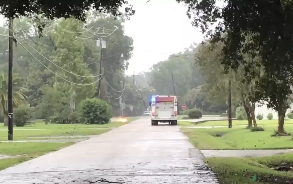 Power Lines In Baton Rouge Catch Fire On The Ground After Being Downed By Trees
