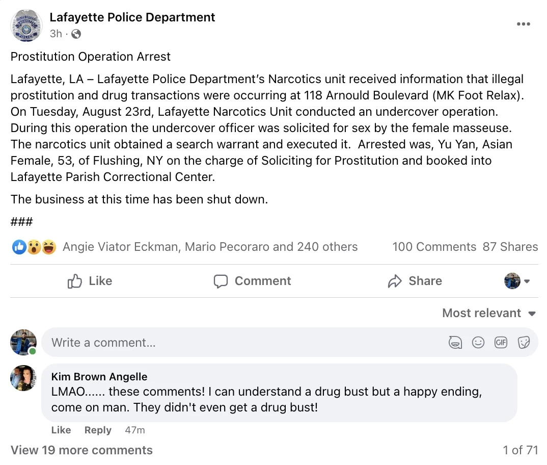 Lafayette Massage Parlor Shut Down Officer Solicited For Sex