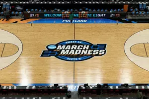 Court for women’s NCAA Tournament in Portland has 3-point lines...