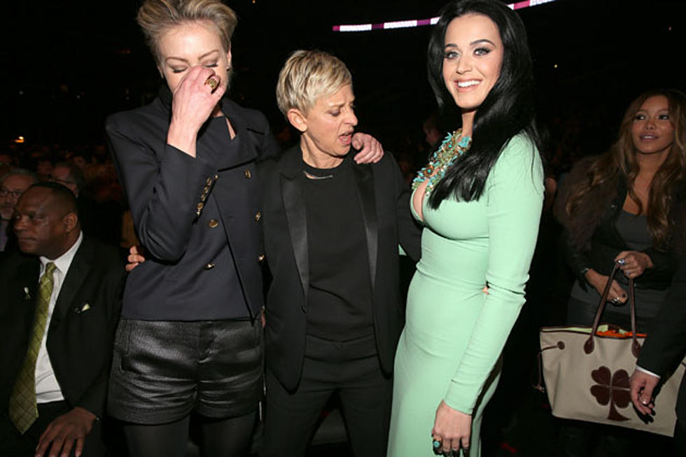 Ellen DeGeneres Ogles Katy Perry’s Boobs at Last Night’s Grammy Awards