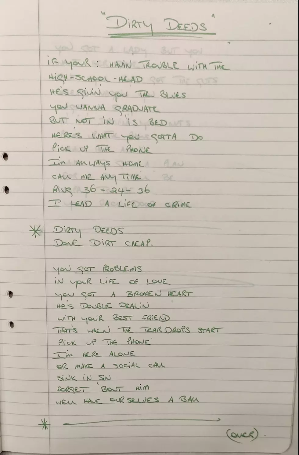 Bon Scott, Handwritten 'Dirty Deeds' Lyric Sheet