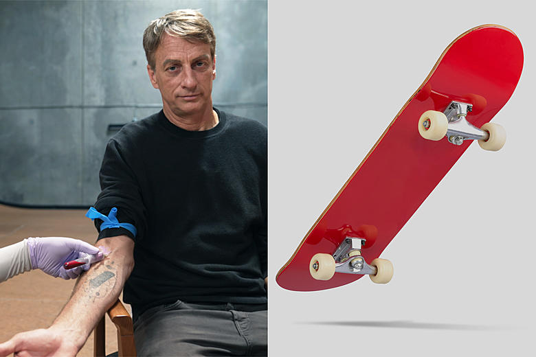 Tony Hawk x Liquid Death Skateboard Collab Used Skater's Own Blood