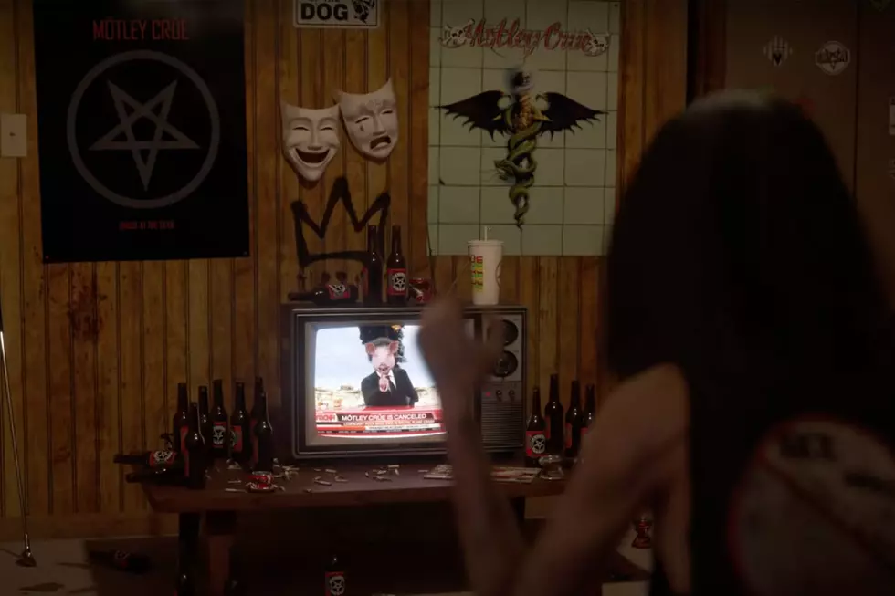 Motley Crue 'Dr. Feelgood' poster and 'Theatre of Pain' masks in 'Dogs of War' video