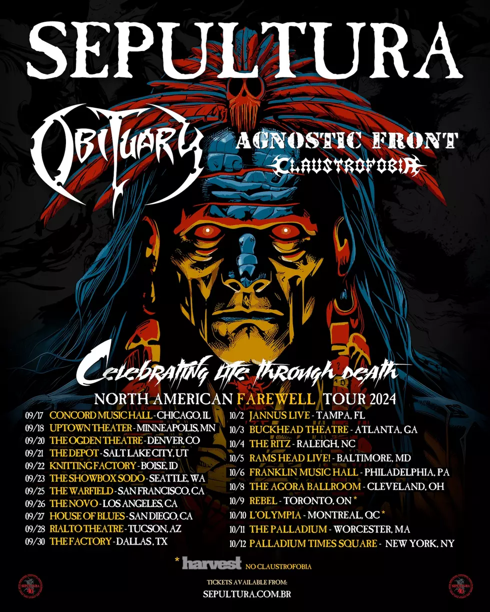 Sepultura 2024 North American Tour admat, Obituary, Agnostic Front and Claustrofobia supporting