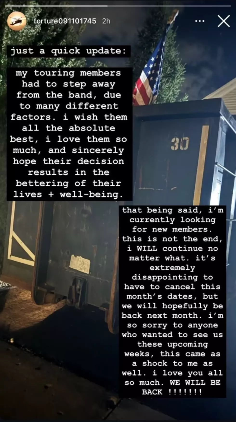 Torture Tour Cancelation Instagram Story Post