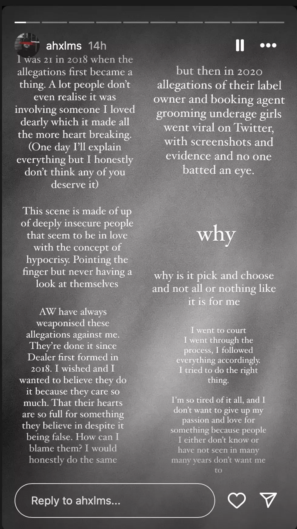 Aidan Holmes Instagram statement on tour controversy