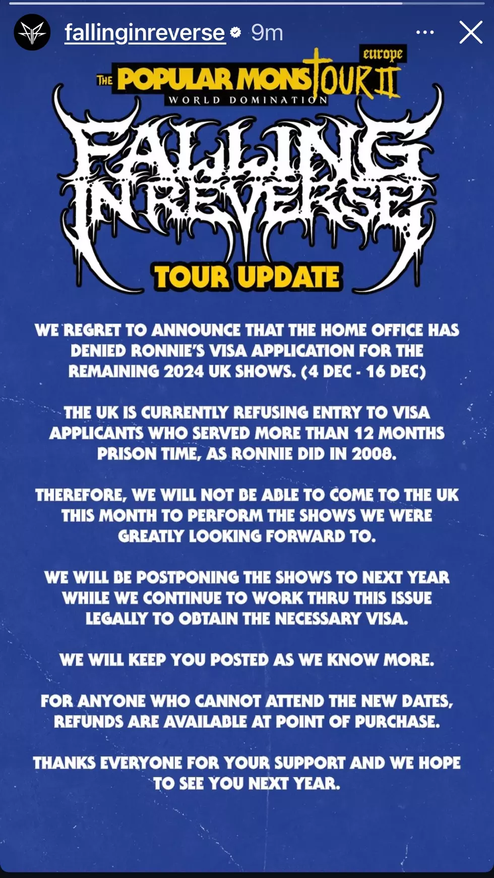 Falling in Reverse Postpone U.K. Shows