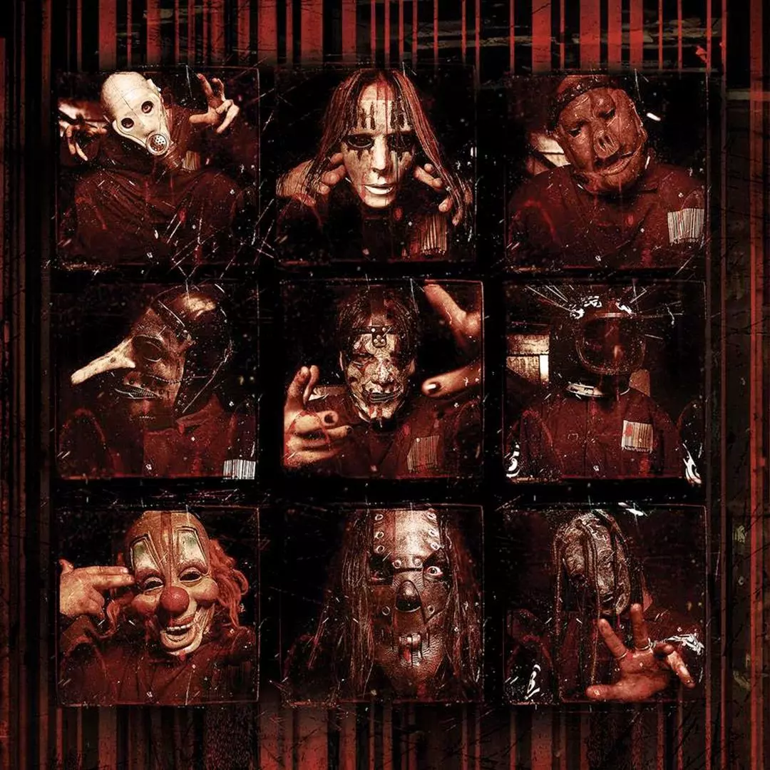 Artwork featuring Slipknot's iconic mask-adorned members.