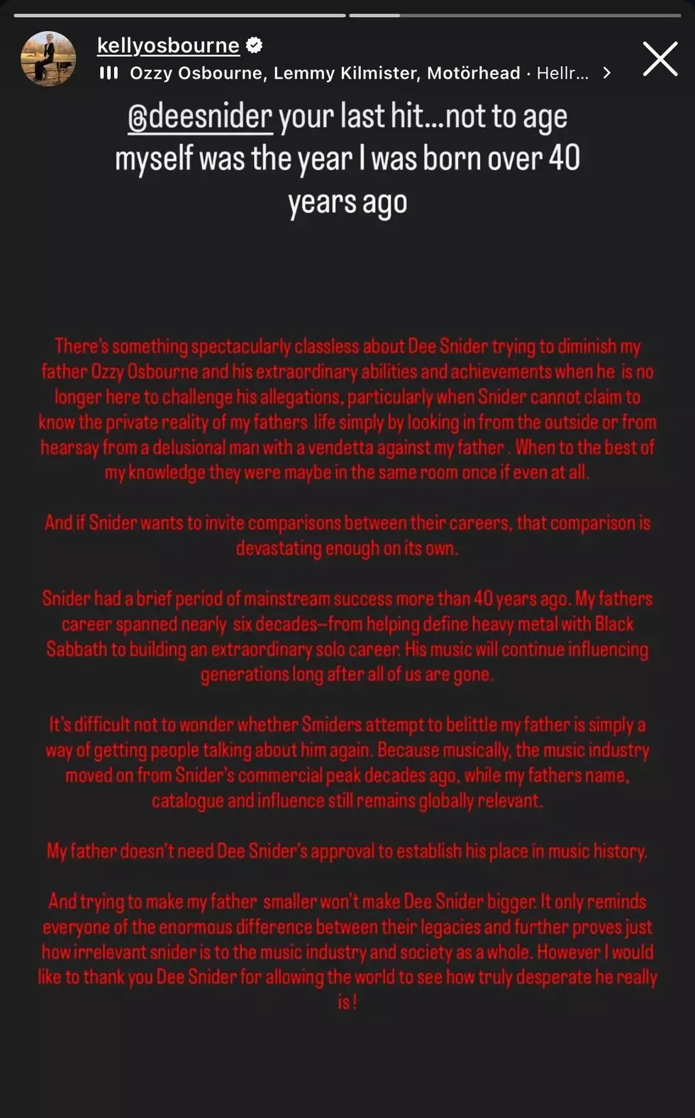 kelly osbourne text post about dee snider