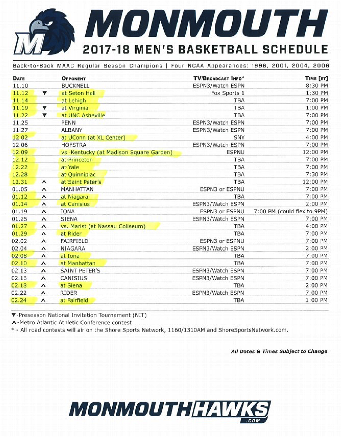 Monmouth University Mens Basketball 20172018 Schedule