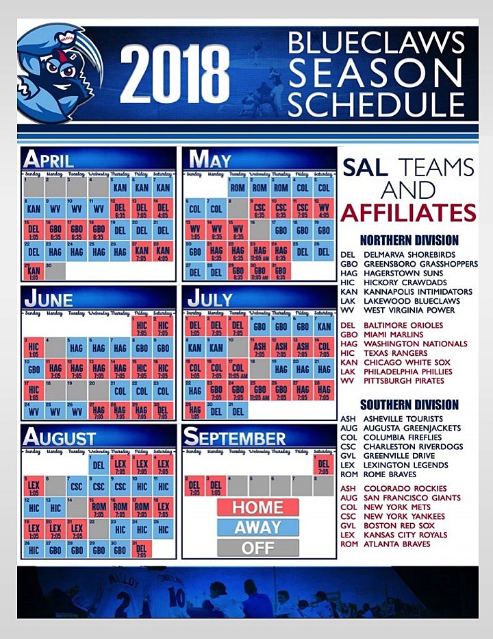 Lakewood BlueClaws 2018 Schedule