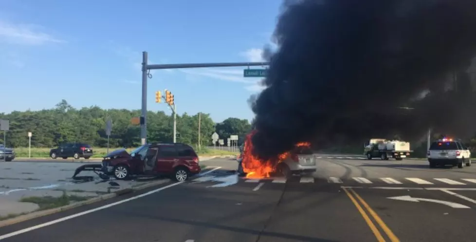 Video: Car fire erupts following crash in Toms River; 3 injured