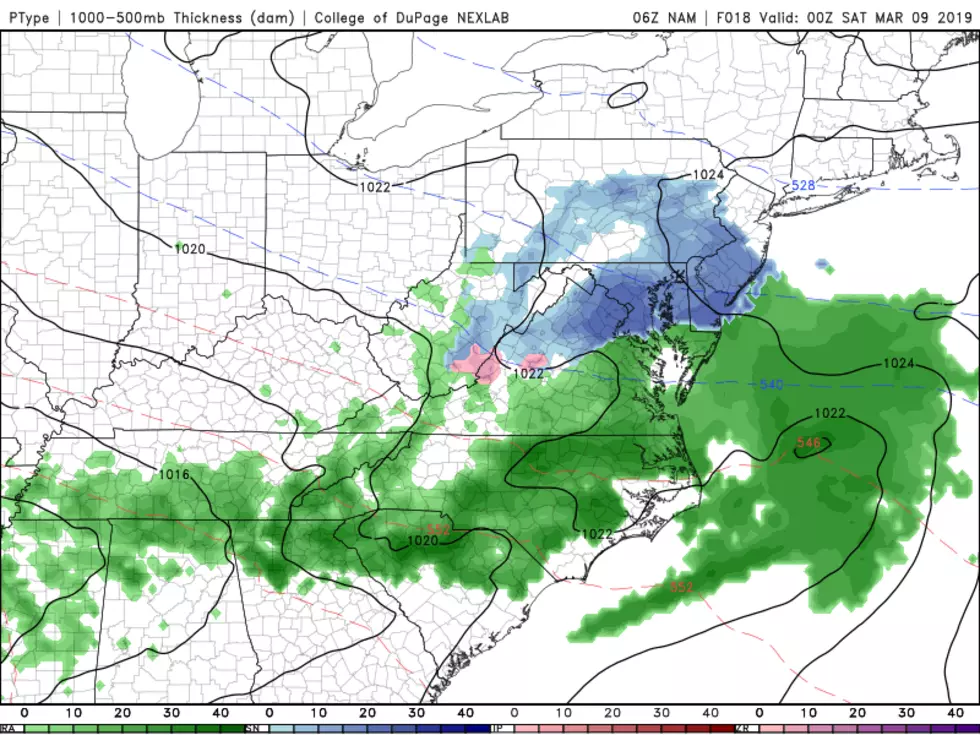 NAM model forecast for Friday evening, showing some snow/rain showers traversing New Jersey. (College of DuPage Meteorology)