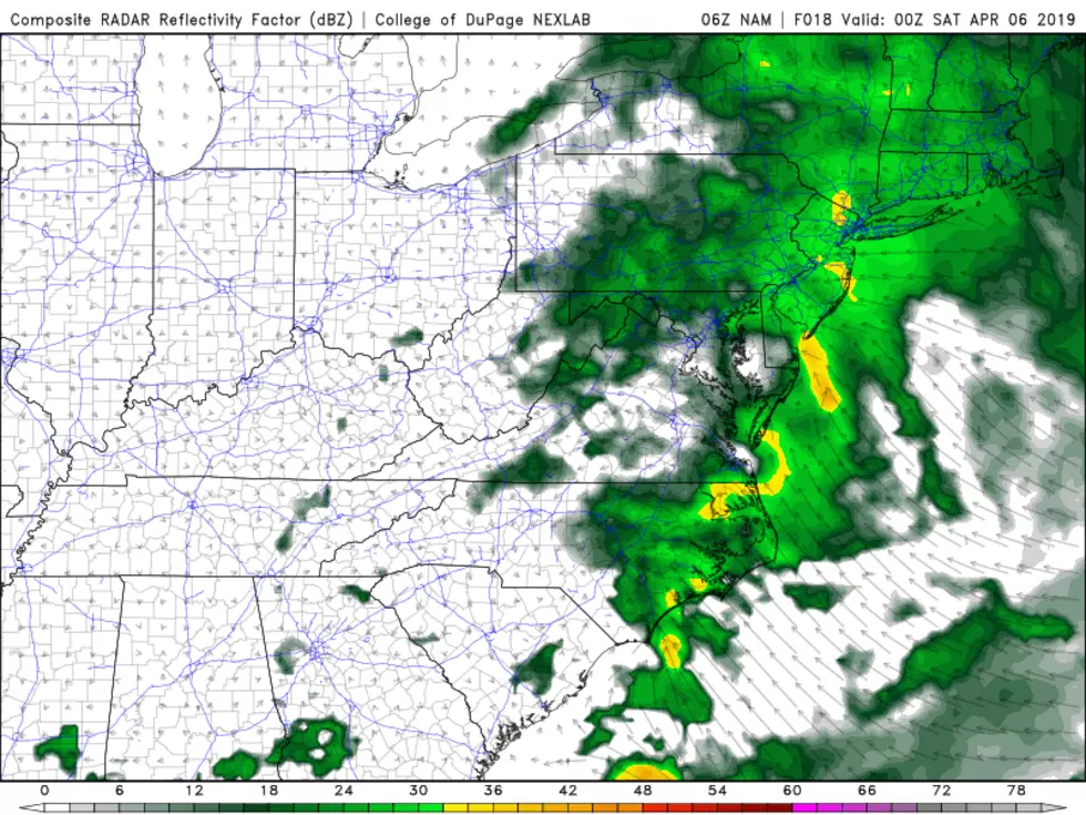 NAM model forecast for 8 p.m. Friday, showing the steadiest, heaviest rain of the day pushing through New Jersey. (College of DuPage Meteorology)