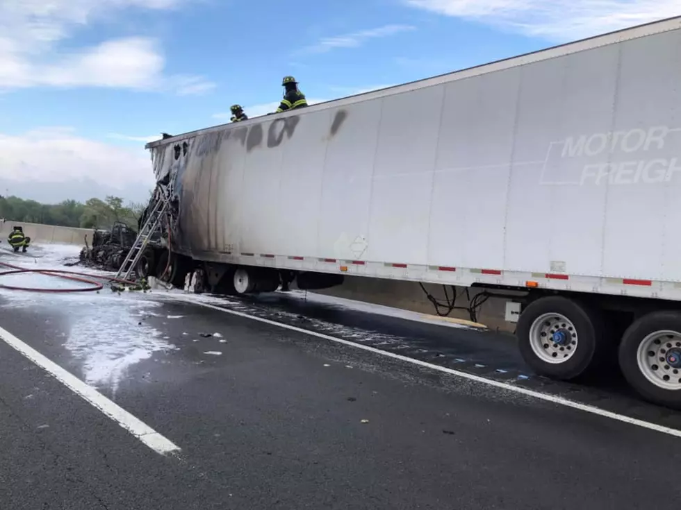 Truck carrying a load of broccoli after a fire on the NJ Turnpike