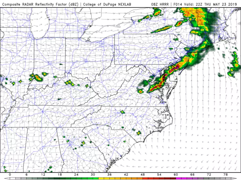 The HRRR model forecast solution for Thursday evening's thunderstorms, showing peak intensity around 6 p.m. (College of DuPage Meteorology)