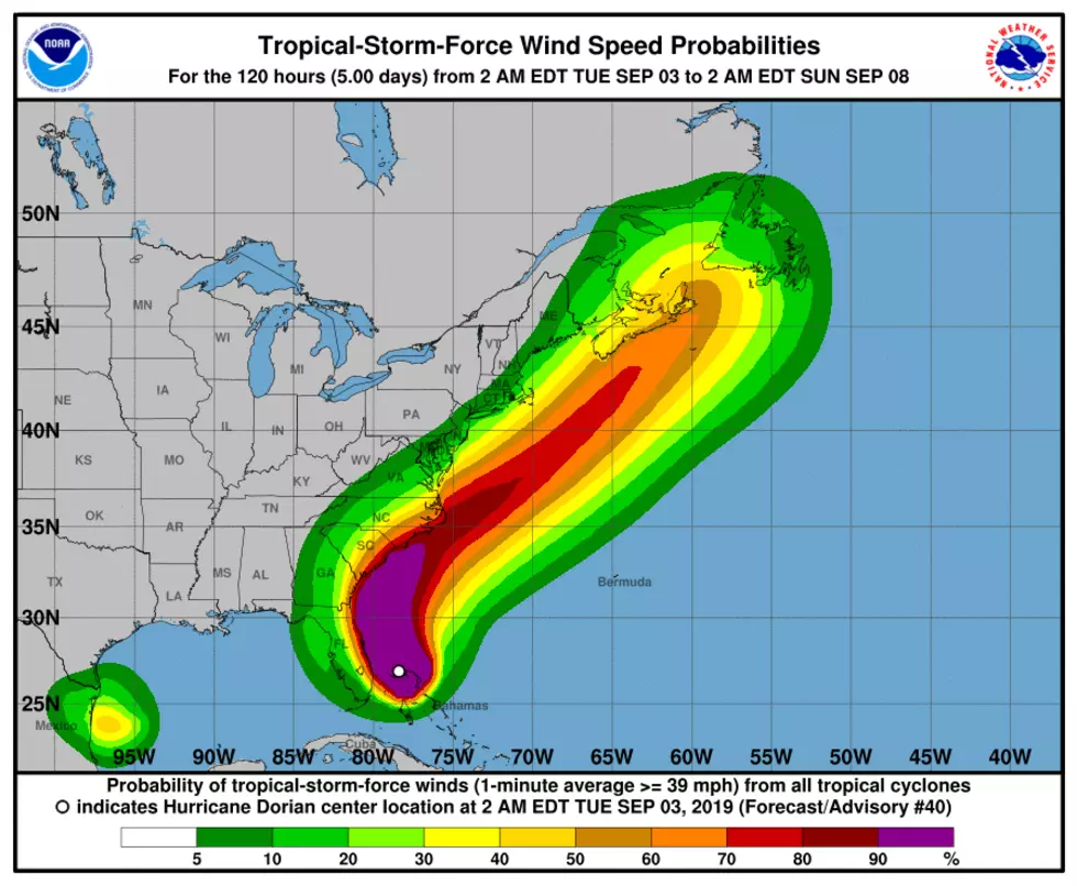 The National Hurricane Center's tropical storm force wind forecast for Dorian. New Jersey may feel wind gusts to 40 or even 50 mph on Frida. (NOAA / NHC)