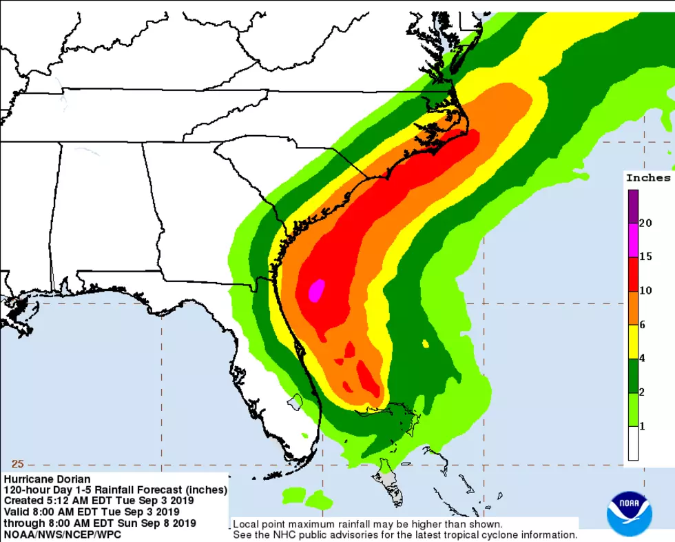 The National Hurricane Center's rainfall forecast for Dorian. Even though New Jersey is just outside this map's domain, it's clear the heaviest tropical rain should stay well to our southeast. (NOAA / NHC)