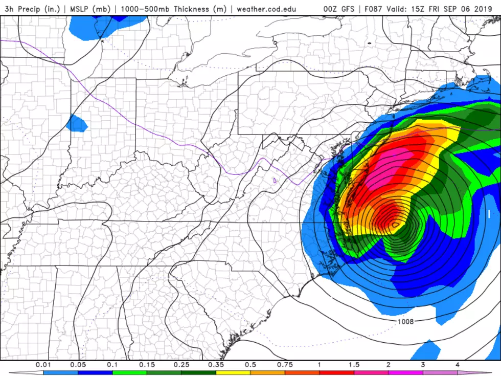 GFS model forecast for Friday morning, showing the powerful low pressure of Dorian hovering about 250 miles southeast of New Jersey. The Garden State will be clipped by rain and wind. (College of DuPage Meteorology)