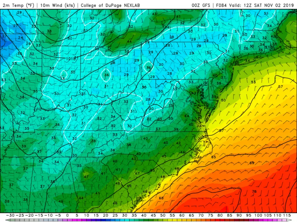 GFS model temperatures for Saturday morning, showing a frost/freeze potential over most of New Jersey. (College of DuPage Meteorology)