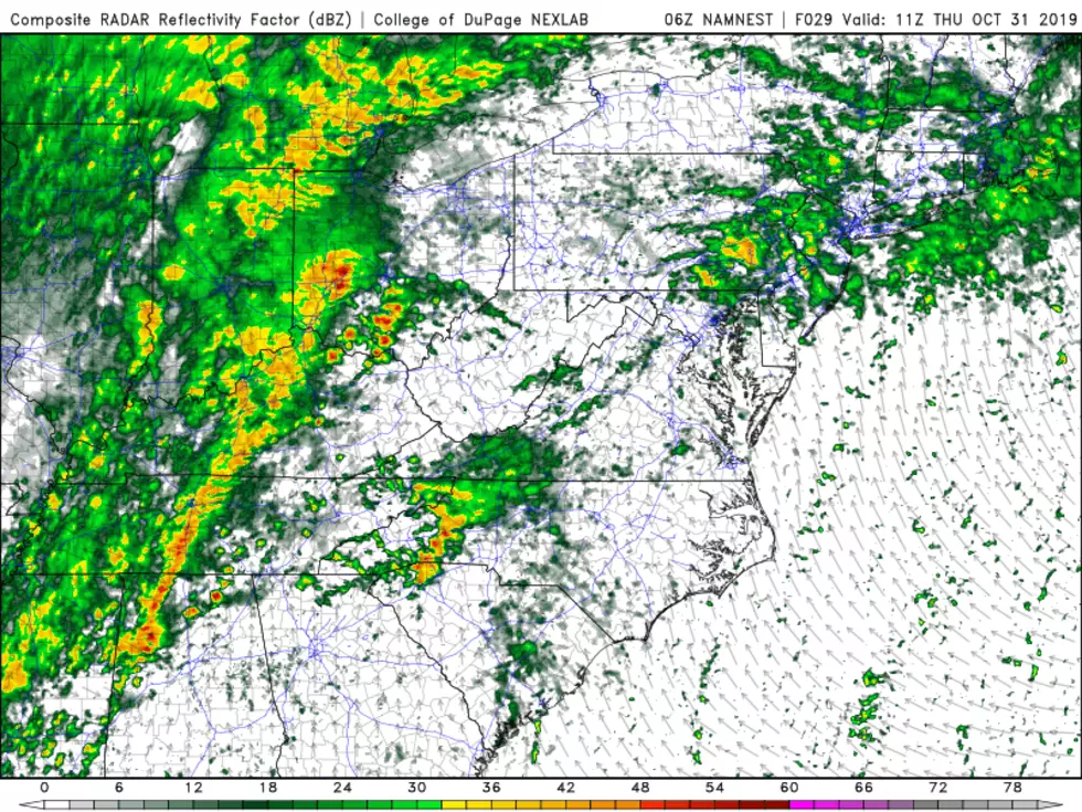 High-resolution NAM model showing scattered rain over New Jersey around 7 a.m. Thursday morning. (College of DuPage Meteorology)