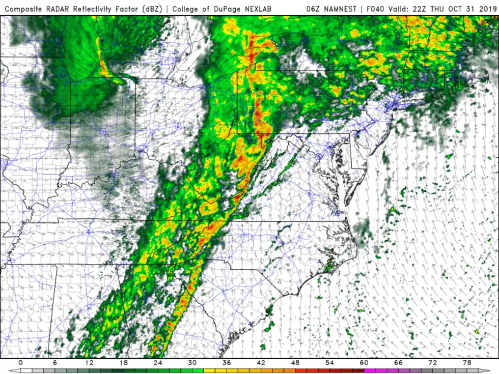 High-resolution NAM model showing substantial pockets of dry weather over New Jersey around 6 p.m. Thursday evening. (College of DuPage Meteorology)