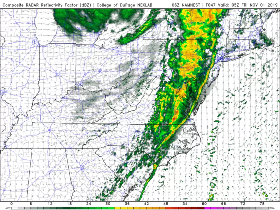 High-resolution NAM model showing a line of heavy rain and thunderstorms over New Jersey around 1 a.m. Friday morning. (College of DuPage Meteorology)