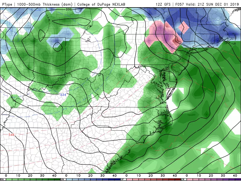 GFS model forecast for Sunday afternoon, showing almost all rain passing through New Jersey.  (College of DuPage Meteorology)
