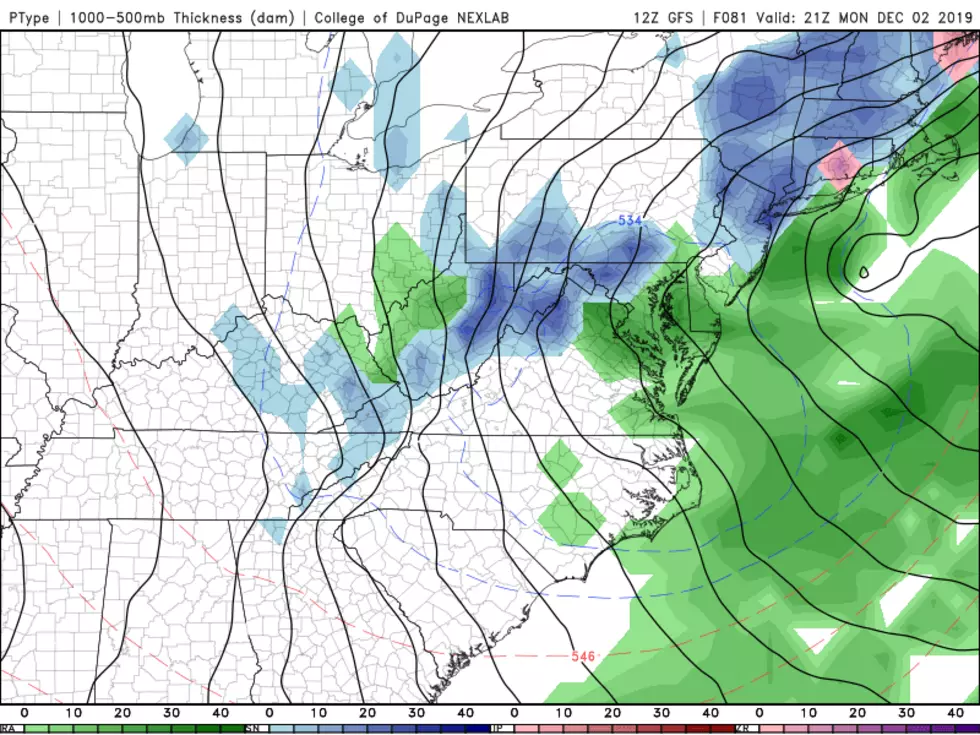 GFS model forecast for Monday afternoon, as colder air puts the potential for accumulating snow on the table for New Jersey. (College of DuPage Meteorology)