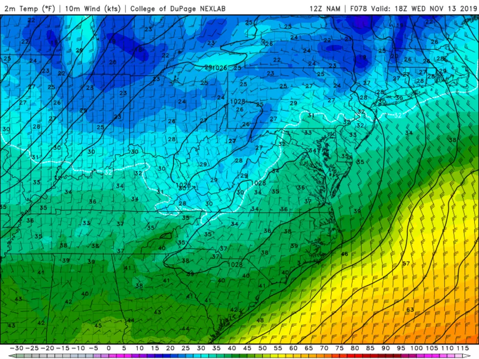 NAM model temperature forecast for Wednesday afternoon, showing much of New Jersey stuck at or below freezing all day. (College of DuPage Meteorology)