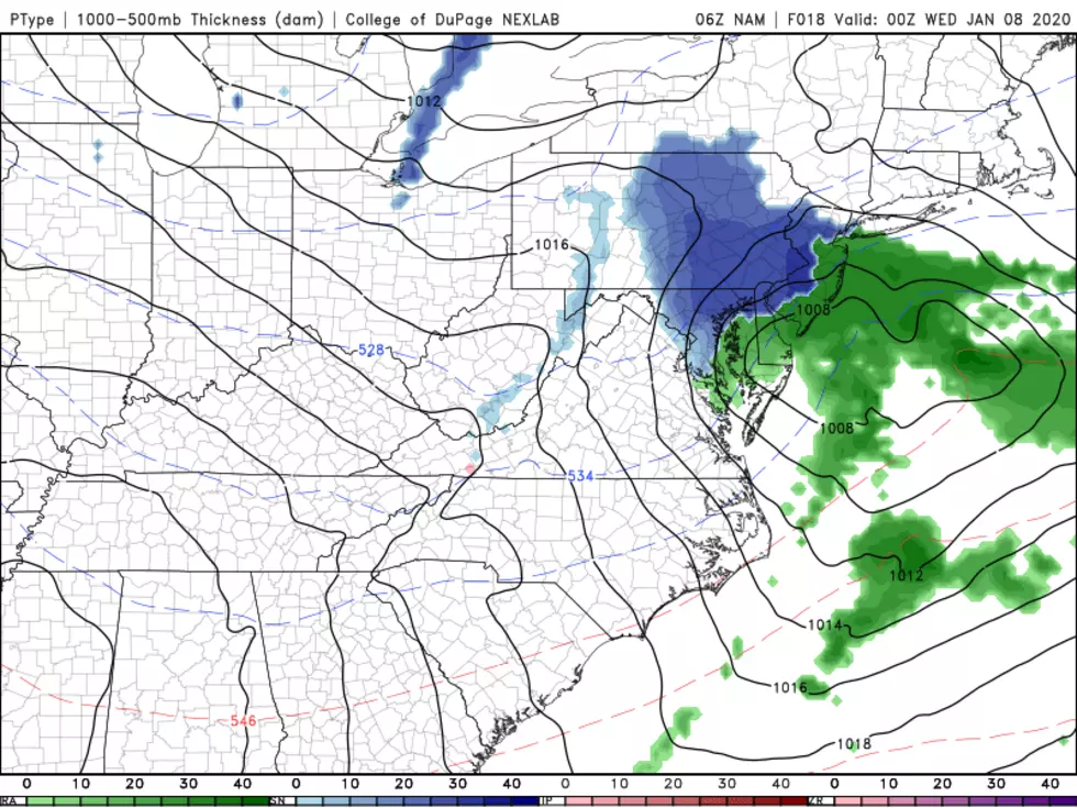 NAM precipitation type forecast as of 7 p.m. Tuesday, as falling temperatures cause rain eventually transition to snow. (College of DuPage Meteorology)