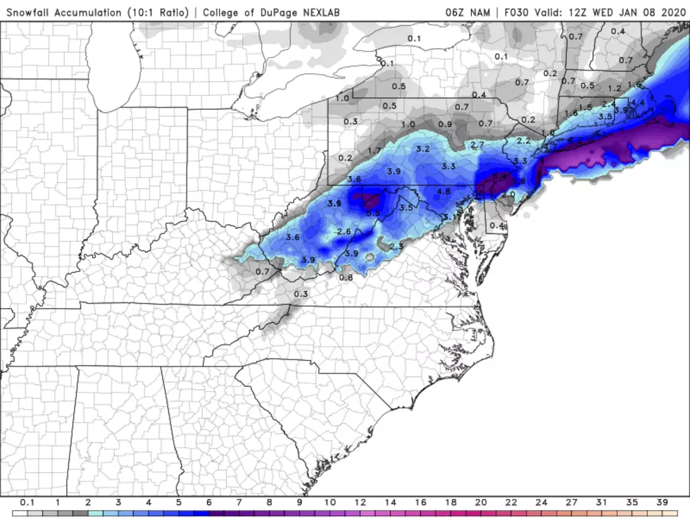 NAM model raw snowfall forecast for Tuesday. This is a pretty extreme, unrealistic solution. (College of DuPage Meteorology)
