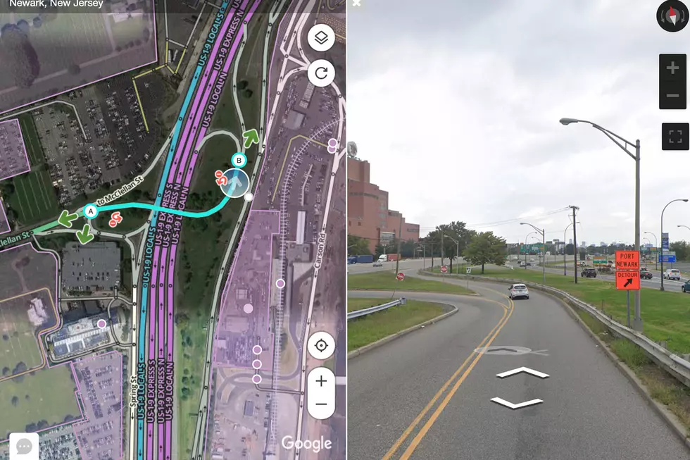 Images created with the Waze map editor side by side with a Google Street View image illustrating what Waze called "accurate Waze directions" as well as the traffic signs and road marking on the actual street.