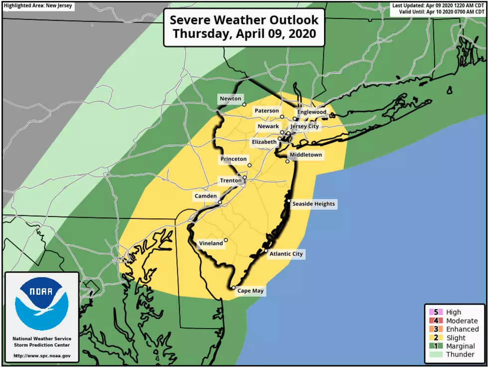 Thursday's severe weather outlook from the Storm Prediction Center puts almost all of New Jersey in a "slight risk" for damaging wind. (NOAA / SPC)