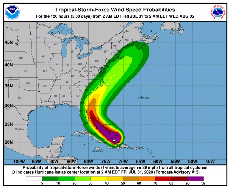 New Jersey only falls under a 5 to 10 percent chance of tropical storm force winds. But note if that storm track wiggles even slightly to the west (left), that probability increases dramatically. (NOAA / NHC)