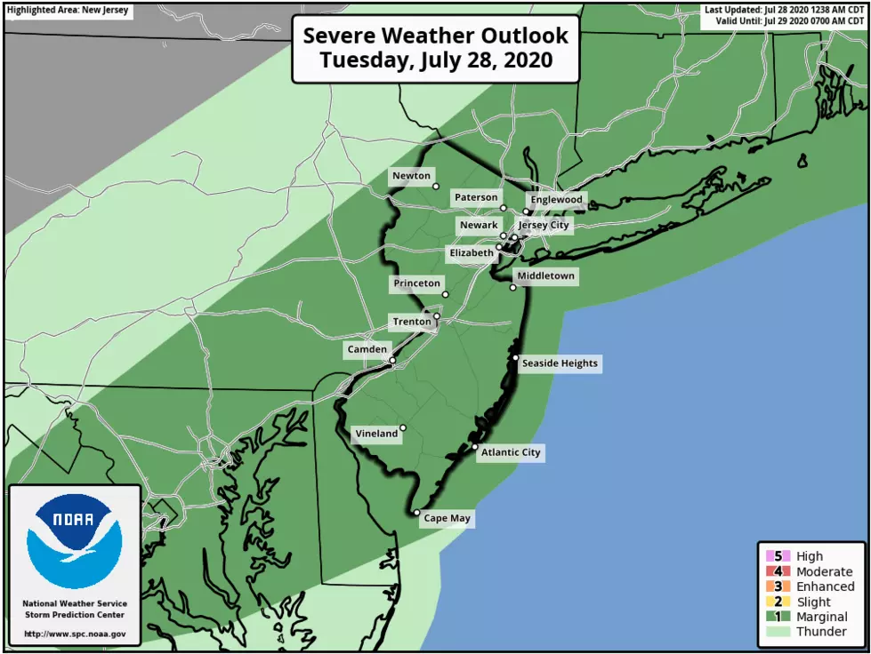 Tuesday's severe weather outlook shows a chance of damaging winds across New Jersey on Tuesday. (NOAA / SPC)