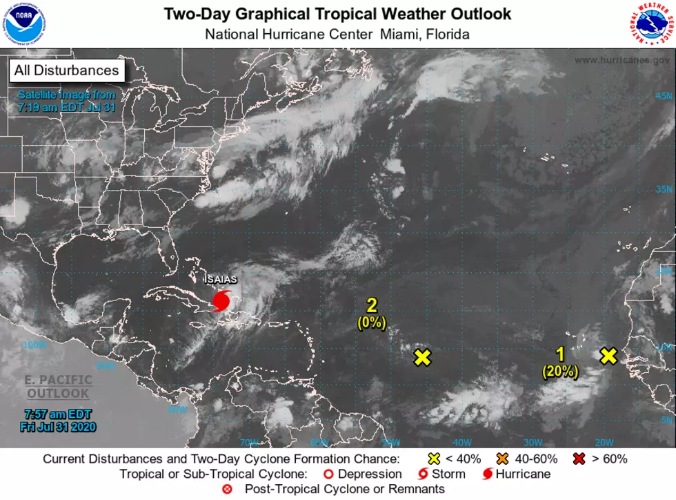 An overview of the Atlantic tropical basin as of Friday morning. Hurricane Isaias is trailed by at least two tropical waves that have ejected from Africa. (NOAA / NHC)