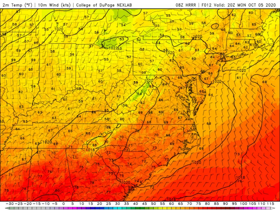 HRRR model temperature forecast for Monday afternoon, showing seasonable upper 60s across New Jersey.  (College of DuPage Meteorology)