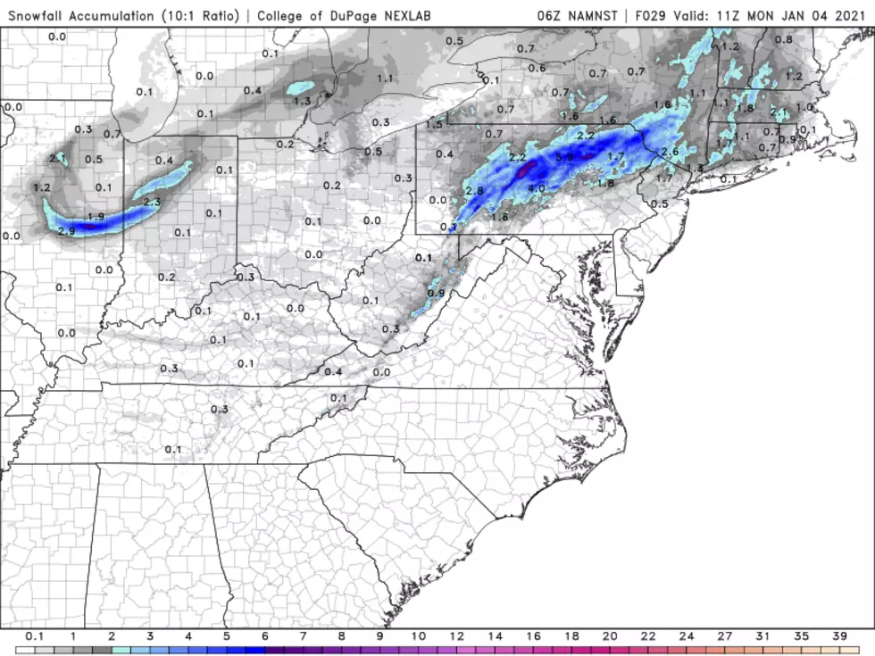 The high-resolution NAM model is probably most aggressive with snow totals. Even so, only about 2 inches of accumulation is forecast in far northern NJ. (College of DuPage Meteorology)