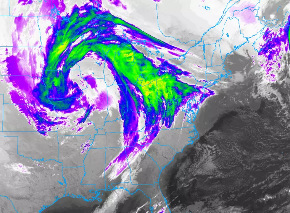 This infrared satellite image from Friday morning shows a potent storm system inching toward New Jersey. (College of DuPage Meteorology)