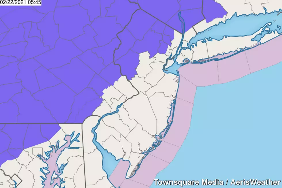 A Winter Weather Advisory (purple) covers part of North Jersey from 9 a.m. to 6 p.m. Monday.