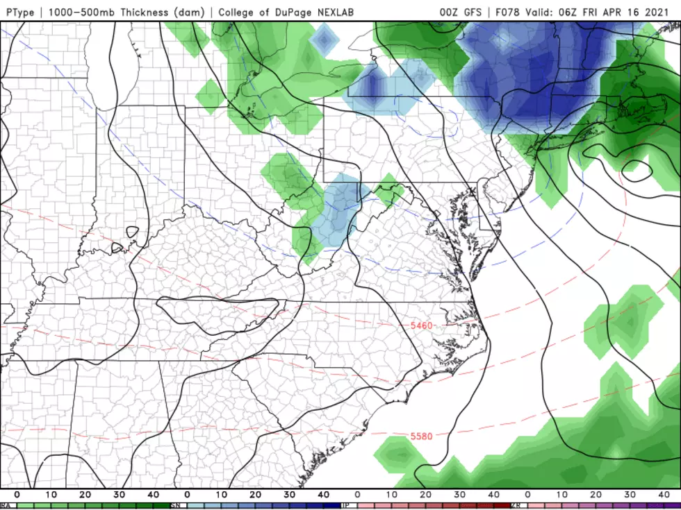 The GFS precipitation type forecast for Thursday night illustrates the chance of snow (blue) in North Jersey as temperatures tumble. (College of DuPage Meteorology)