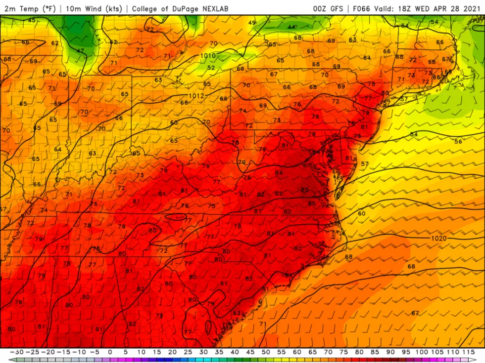 GFS model temperature forecast for 5 p.m. Wednesday, around 80+ degrees. (College of DuPage Meteorology)