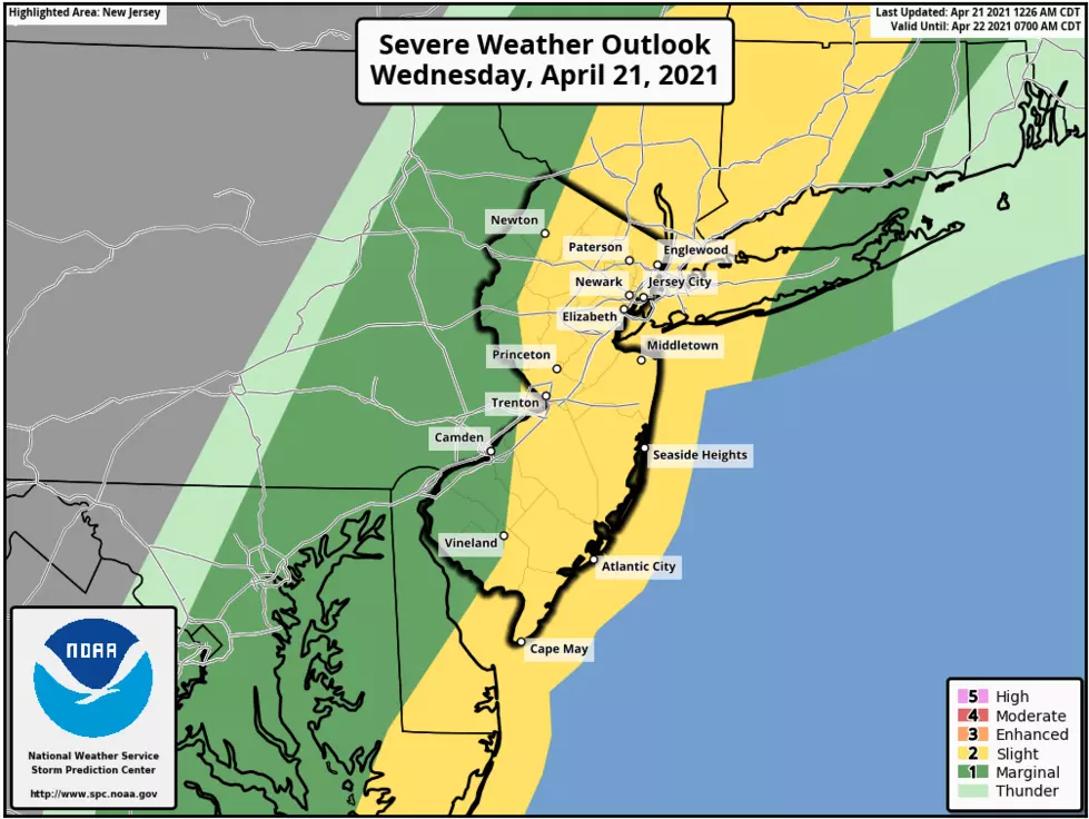 Wednesday's severe weather outlook puts New Jersey under a marginal to slight risk of dangerous thunderstorms. (NOAA / SPC)