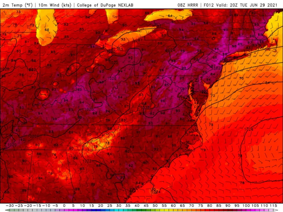 The HRRR model is the hottest of the bunch, showing widespread mid 90s across inland New Jersey on Tuesday. The heat index may hit 105. (College of DuPage Meteorology)